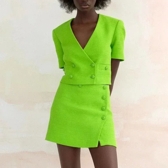 ZARA [ 2 PIECES ] SKIRT SUIT BLAZER + SKIRT SET TEXTURED GREEN